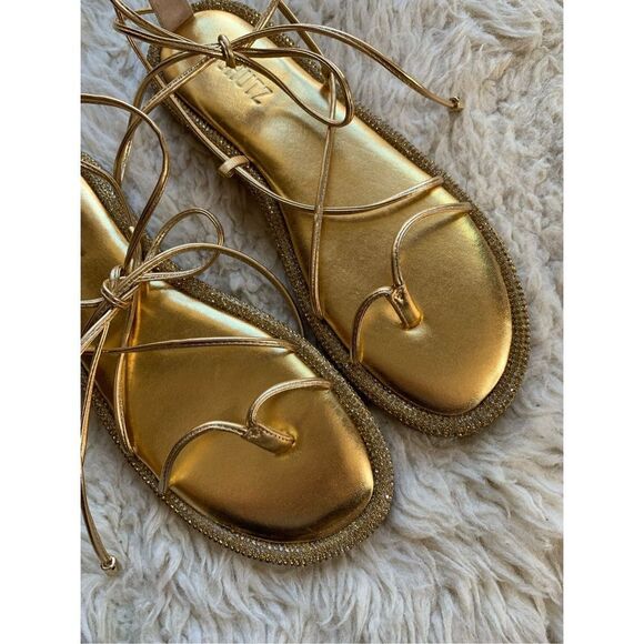 SCHUTZ Kittie Crystal Embellished Metallic & Nappa Leather Wraparound Flat Sanda - Picture 6 of 12